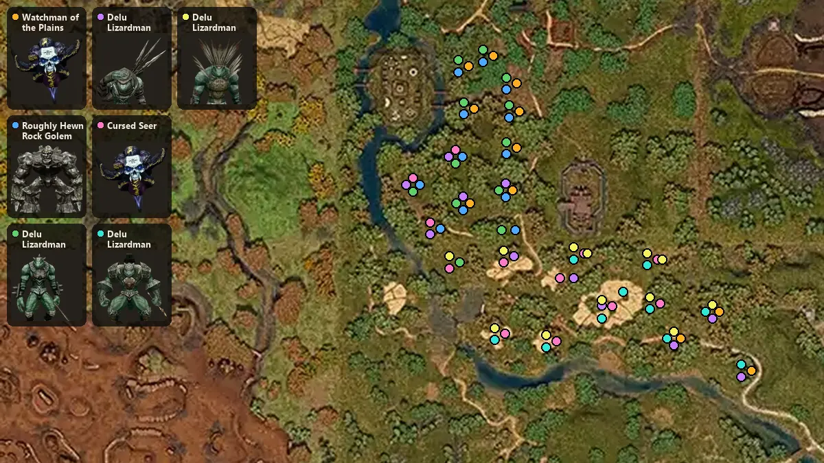 Map: where Watchman of the Plains, Roughly Hewn Rock Golem, Delu Lizardman Supplier, Delu Lizardman Special Agent, Cursed Seer, Delu Lizardman Commander, Delu Lizardman Shaman spawn