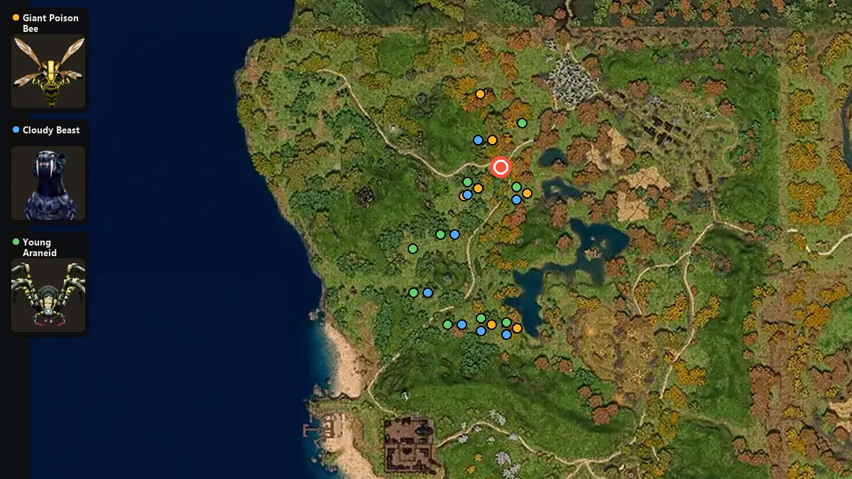 Map: where Giant Poison Bee, Cloudy Beast, Young Araneid spawn
