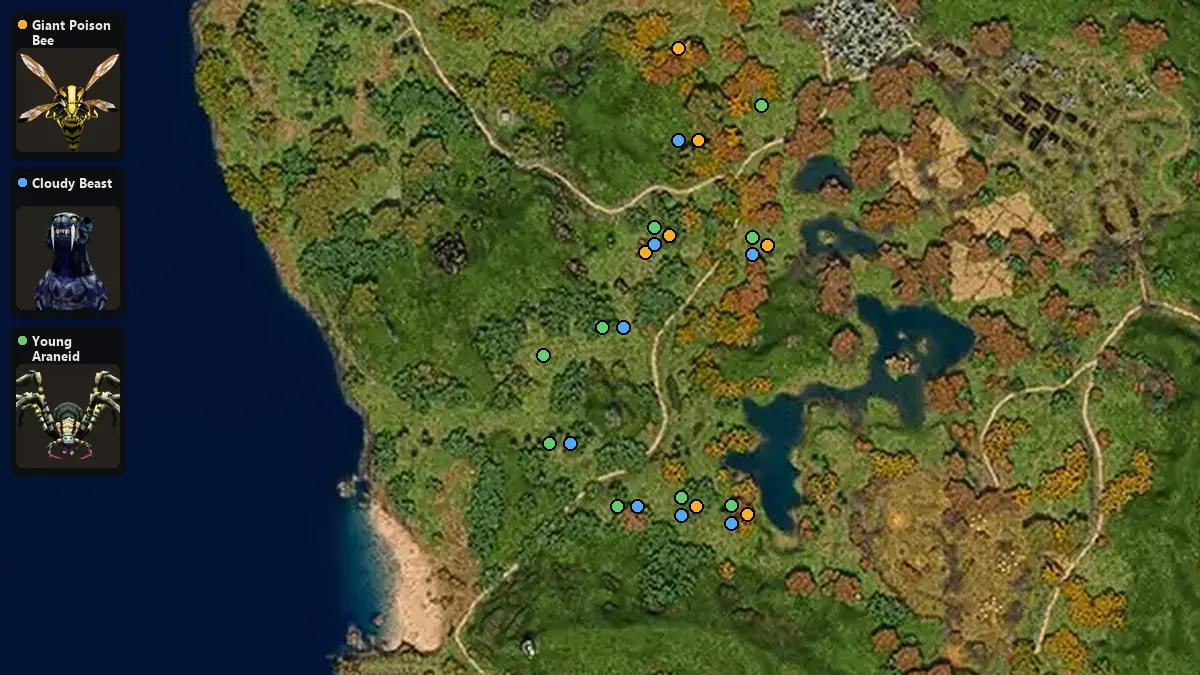 Map: where Giant Poison Bee, Cloudy Beast, Young Araneid spawn