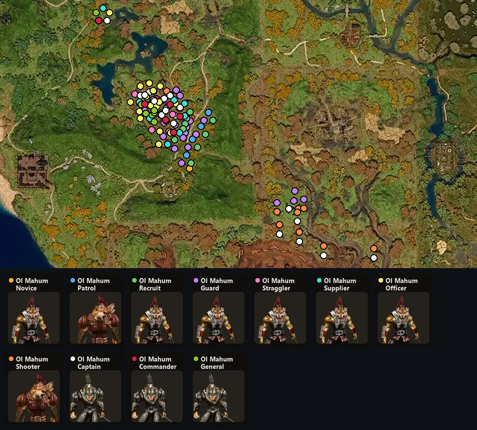 Map: where Ol Mahum Novice, Ol Mahum Patrol, Ol Mahum Recruit, Ol Mahum Guard, Ol Mahum Straggler, Ol Mahum Supplier, Ol Mahum Officer, Ol Mahum Shooter, Ol Mahum Captain, Ol Mahum Commander, Ol Mahum General spawn