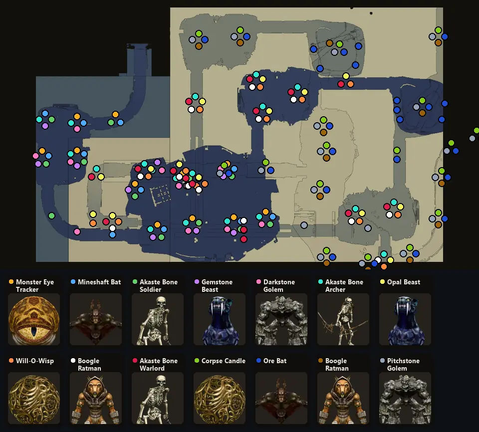 Карта: где стоят Monster Eye Tracker, Mineshaft Bat, Akaste Bone Soldier, Gemstone Beast, Darkstone Golem, Akaste Bone Archer, Opal Beast, Will-O-Wisp, Boogle Ratman, Akaste Bone Warlord, Corpse Candle, Ore Bat, Boogle Ratman Leader, Pitchstone Golem