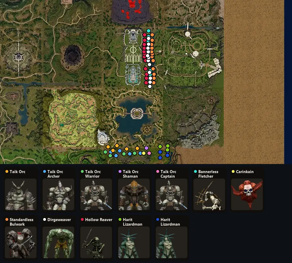 Карта: где стоят Taik Orc, Taik Orc Archer, Taik Orc Warrior, Taik Orc Shaman, Taik Orc Captain, Bannerless Fletcher, Carinkain, Standardless Bulwark, Dirgeweaver, Hollow Reaver, Harit Lizardman, Harit Lizardman Grunt