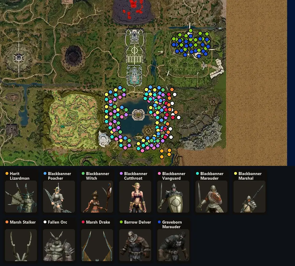 Карта: где стоят Harit Lizardman Archer, Blackbanner Poacher, Blackbanner Witch, Blackbanner Cutthroat, Blackbanner Vanguard, Blackbanner Marauder, Blackbanner Marshal, Marsh Stalker, Fallen Orc, Marsh Drake, Barrow Delver, Graveborn Marauder