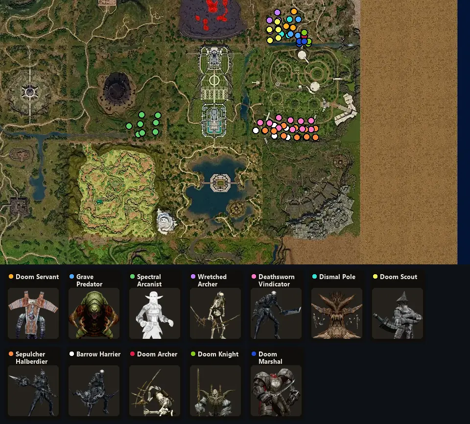 Карта: где стоят Doom Servant, Grave Predator, Spectral Arcanist, Wretched Archer, Deathsworn Vindicator, Dismal Pole, Doom Scout, Sepulcher Halberdier, Barrow Harrier, Doom Archer, Doom Knight, Doom Marshal