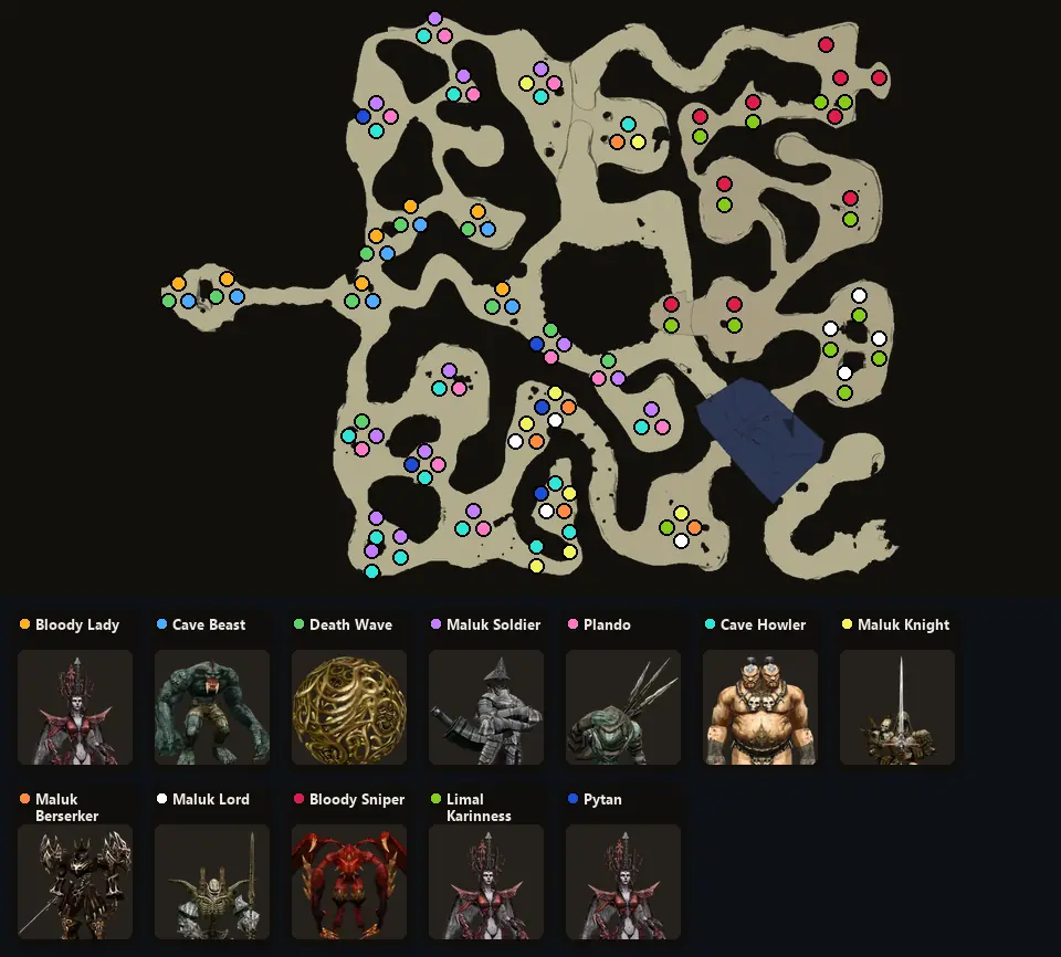 Map: where Bloody Lady, Cave Beast, Death Wave, Maluk Soldier, Plando, Cave Howler, Maluk Knight, Maluk Berserker, Maluk Lord, Bloody Sniper, Limal Karinness, Pytan spawn