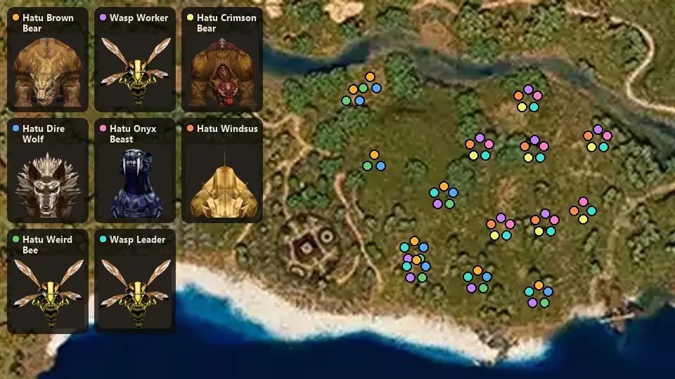 Map: where Hatu Brown Bear, Hatu Dire Wolf, Hatu Weird Bee, Wasp Worker, Hatu Onyx Beast, Wasp Leader, Hatu Crimson Bear, Hatu Windsus spawn