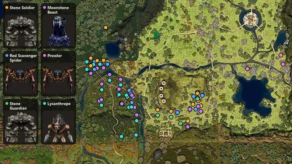 Map: where Stone Soldier, Red Scavenger Spider, Stone Guardian, Moonstone Beast, Prowler, Lycanthrope spawn