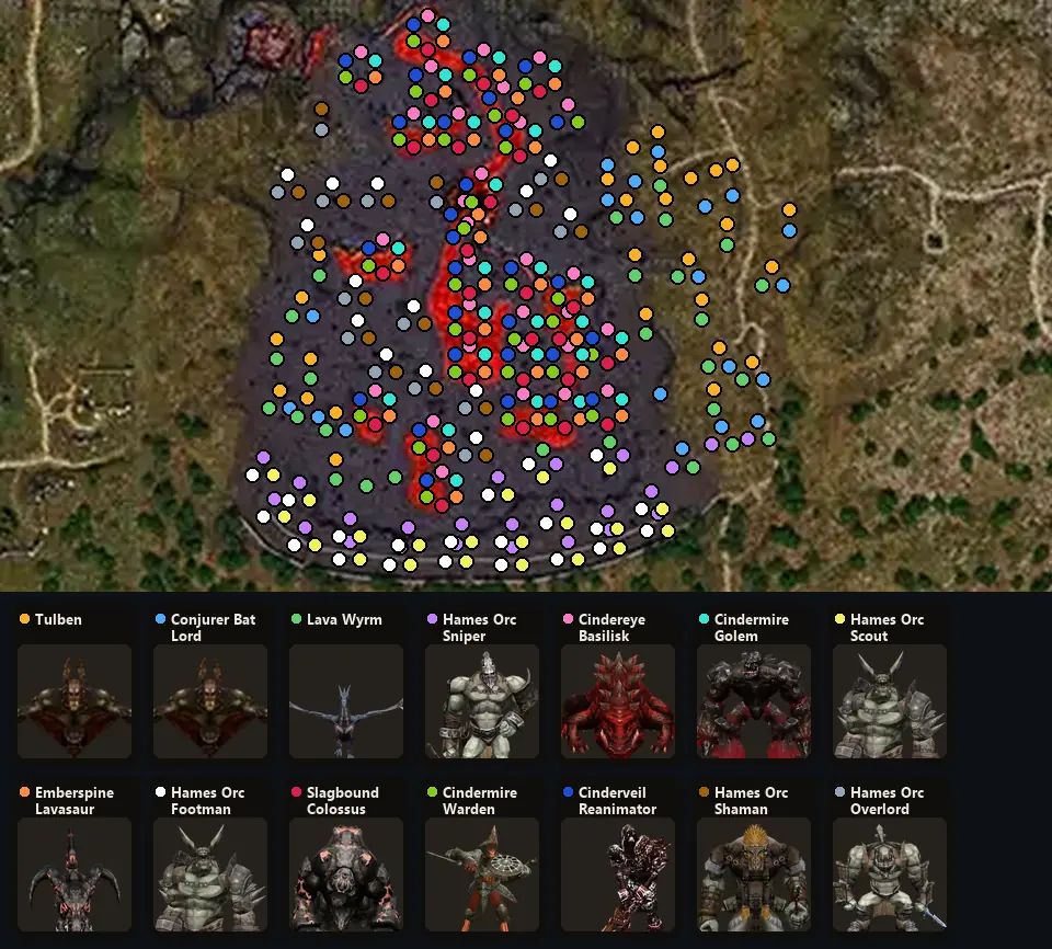 Карта: где стоят Tulben, Conjurer Bat Lord, Lava Wyrm, Hames Orc Sniper, Cindereye Basilisk, Cindermire Golem, Hames Orc Scout, Emberspine Lavasaur, Hames Orc Footman, Slagbound Colossus, Cindermire Warden, Cinderveil Reanimator, Hames Orc Shaman, Hames Orc Overlord
