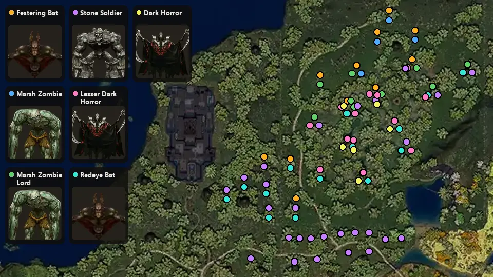 Map: where Festering Bat, Marsh Zombie, Marsh Zombie Lord, Stone Soldier, Lesser Dark Horror, Redeye Bat, Dark Horror spawn