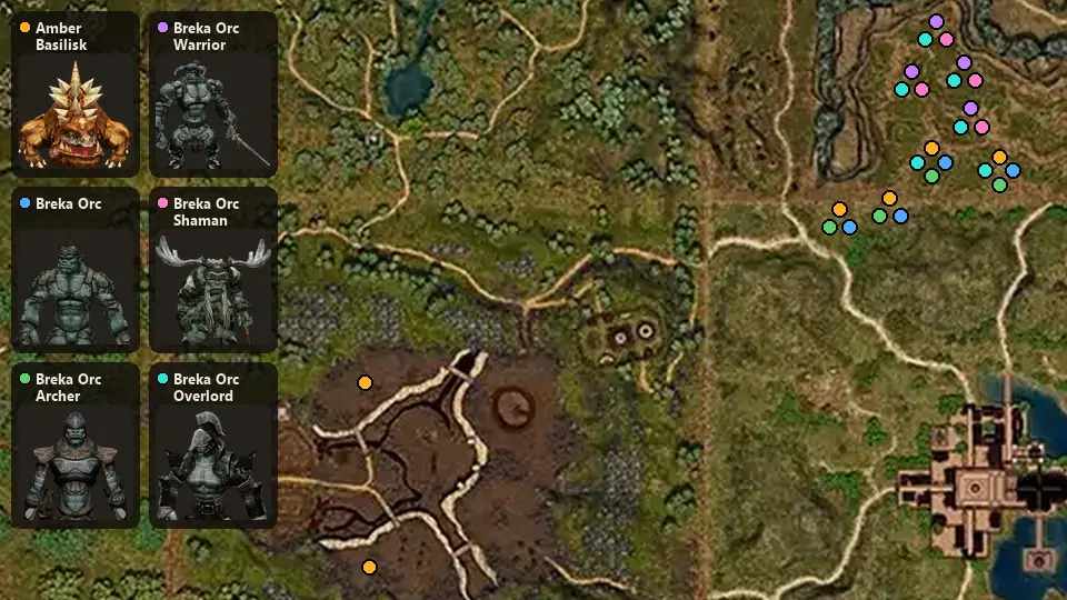 Map: where Amber Basilisk, Breka Orc, Breka Orc Archer, Breka Orc Warrior, Breka Orc Shaman, Breka Orc Overlord spawn