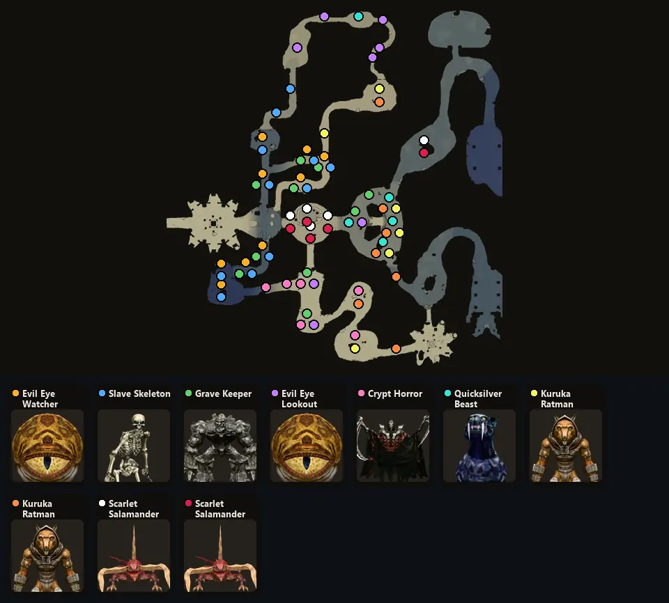 Карта: где стоят Evil Eye Watcher, Slave Skeleton, Grave Keeper, Evil Eye Lookout, Crypt Horror, Quicksilver Beast, Kuruka Ratman, Kuruka Ratman Hunter, Scarlet Salamander, Scarlet Salamander Elder