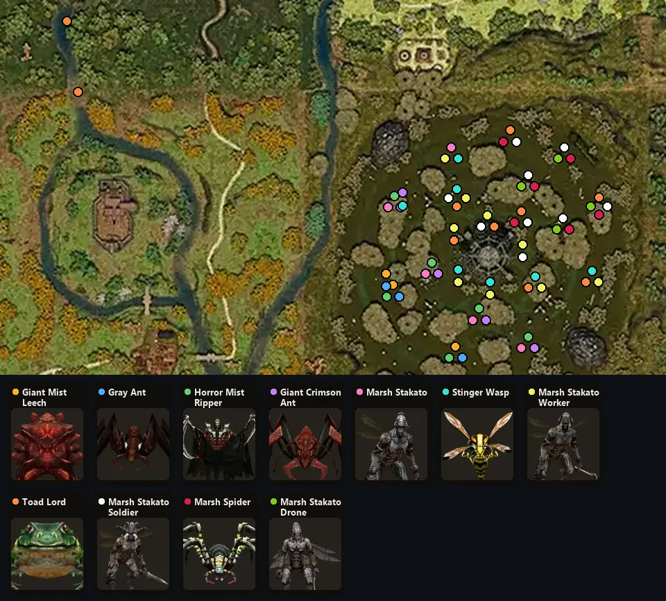 Карта: где стоят Giant Mist Leech, Gray Ant, Horror Mist Ripper, Giant Crimson Ant, Marsh Stakato, Stinger Wasp, Marsh Stakato Worker, Toad Lord, Marsh Stakato Soldier, Marsh Spider, Marsh Stakato Drone