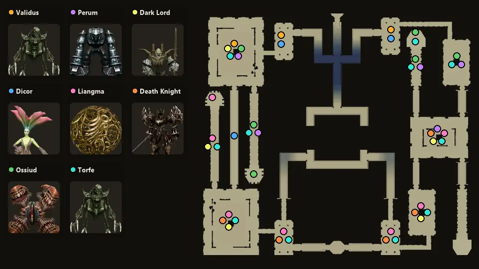 Map: where Validus, Dicor, Ossiud, Perum, Liangma, Torfe, Dark Lord, Death Knight spawn