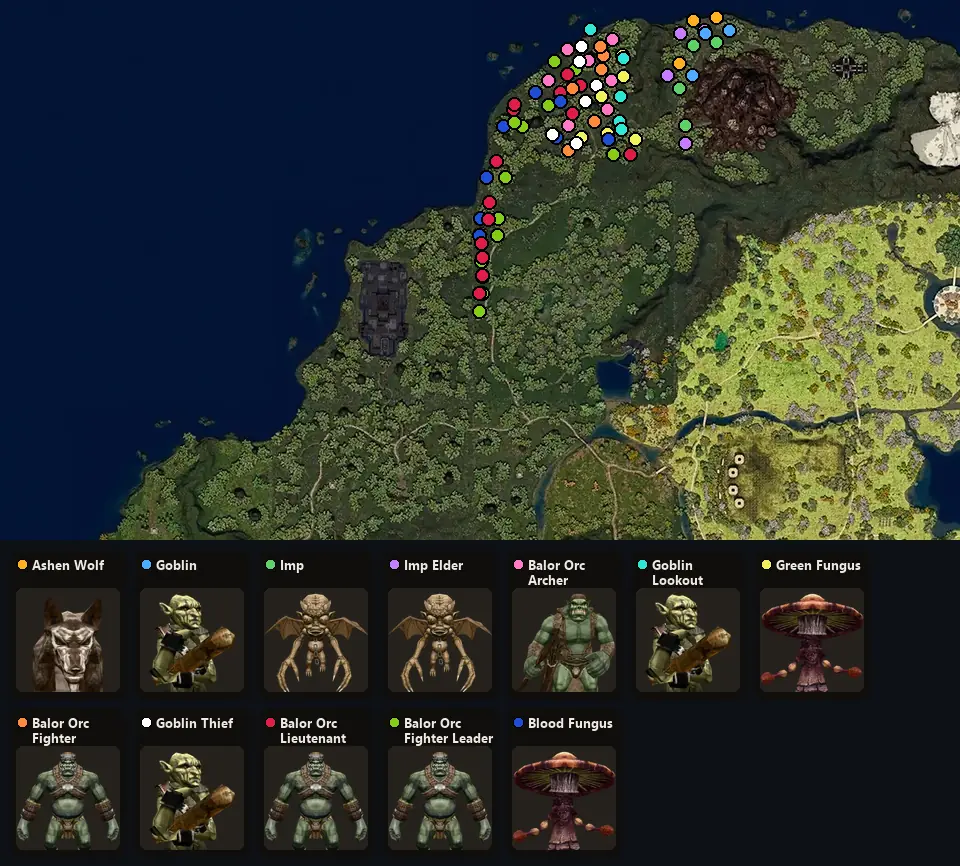 Карта: где стоят Ashen Wolf, Goblin, Imp, Imp Elder, Balor Orc Archer, Goblin Lookout, Green Fungus, Balor Orc Fighter, Goblin Thief, Balor Orc Lieutenant, Balor Orc Fighter Leader, Blood Fungus