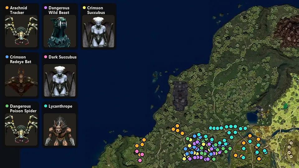 Карта: где стоят Arachnid Tracker, Crimson Redeye Bat, Dangerous Poison Spider, Dangerous Wild Beast, Dark Succubus, Lycanthrope, Crimson Succubus