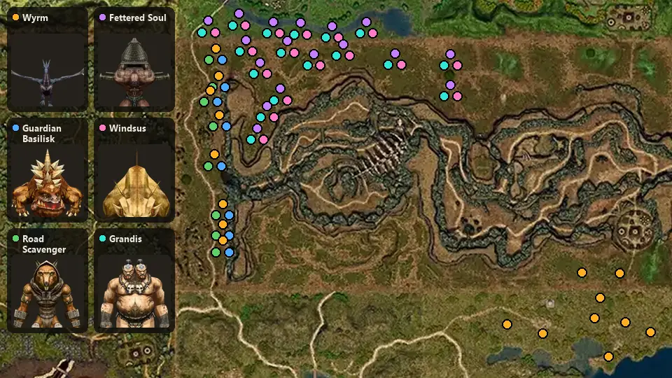 Карта: где стоят Wyrm, Guardian Basilisk, Road Scavenger, Fettered Soul, Windsus, Grandis