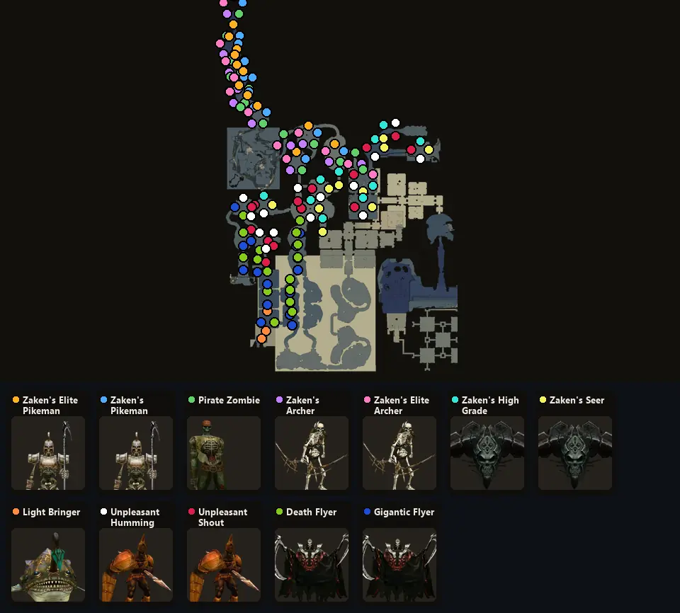 Карта: где стоят Zaken's Elite Pikeman, Zaken's Pikeman, Pirate Zombie, Zaken's Archer, Zaken's Elite Archer, Zaken's High Grade Watchman, Zaken's Seer, Light Bringer, Unpleasant Humming, Unpleasant Shout, Death Flyer, Gigantic Flyer