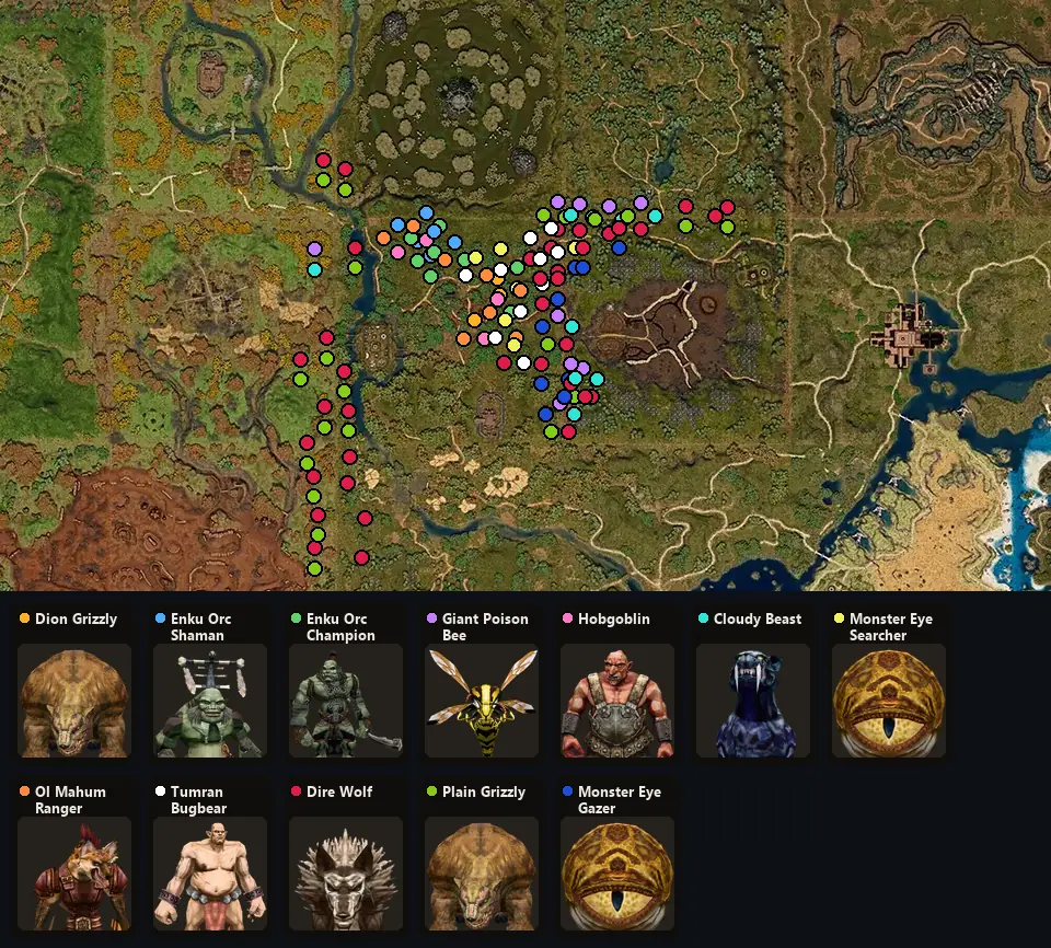 Карта: где стоят Dion Grizzly, Enku Orc Shaman, Enku Orc Champion, Giant Poison Bee, Hobgoblin, Cloudy Beast, Monster Eye Searcher, Ol Mahum Ranger, Tumran Bugbear, Dire Wolf, Plain Grizzly, Monster Eye Gazer