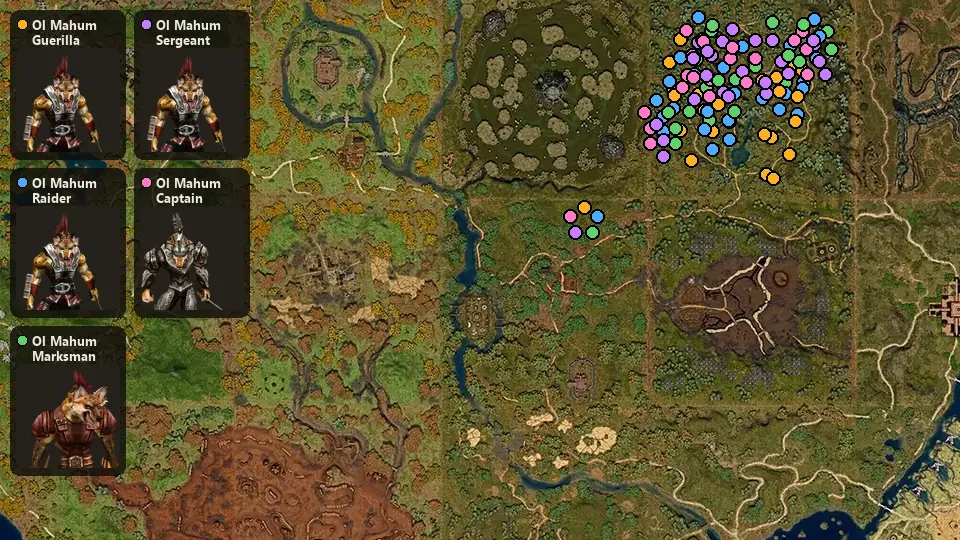 Карта: где стоят Ol Mahum Guerilla, Ol Mahum Raider, Ol Mahum Marksman, Ol Mahum Sergeant, Ol Mahum Captain