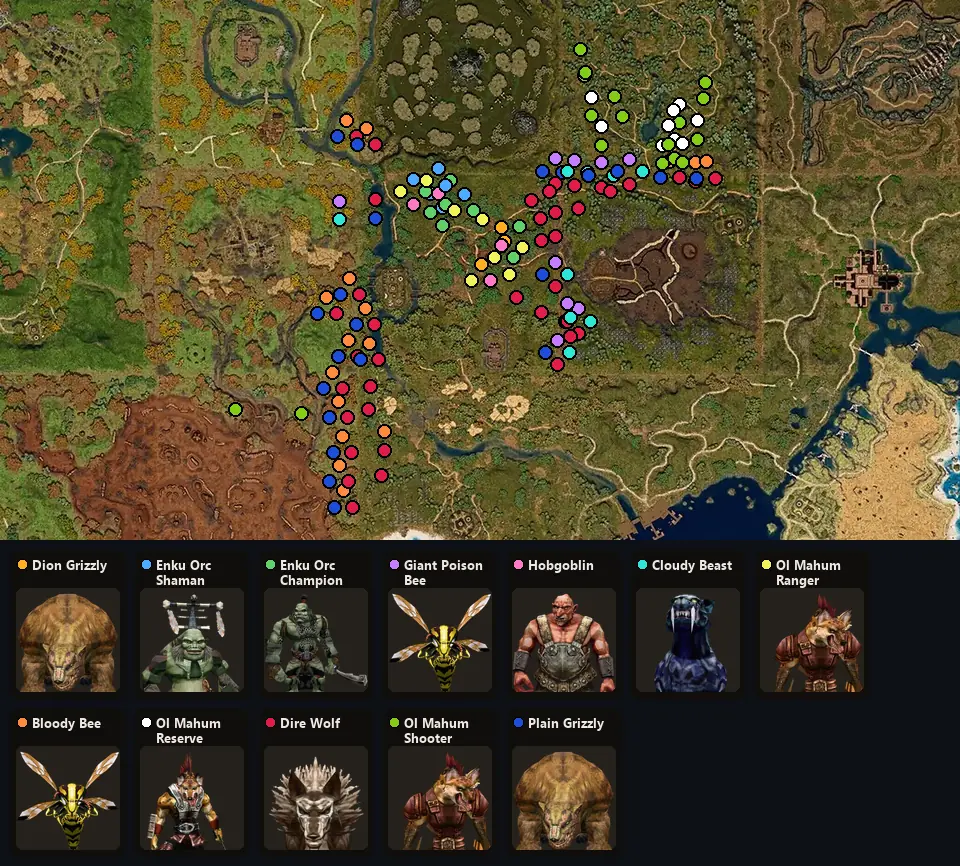 Карта: где стоят Dion Grizzly, Enku Orc Shaman, Enku Orc Champion, Giant Poison Bee, Hobgoblin, Cloudy Beast, Ol Mahum Ranger, Bloody Bee, Ol Mahum Reserve, Dire Wolf, Ol Mahum Shooter, Plain Grizzly