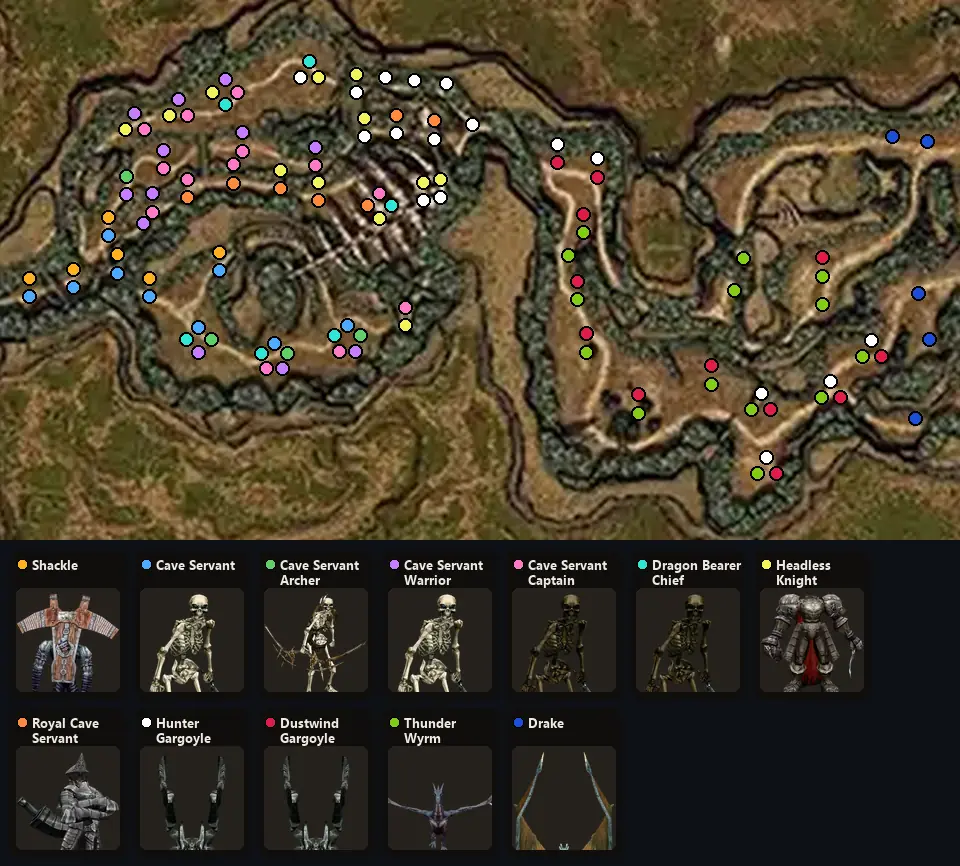 Карта: где стоят Shackle, Cave Servant, Cave Servant Archer, Cave Servant Warrior, Cave Servant Captain, Dragon Bearer Chief, Headless Knight, Royal Cave Servant, Hunter Gargoyle, Dustwind Gargoyle, Thunder Wyrm, Drake