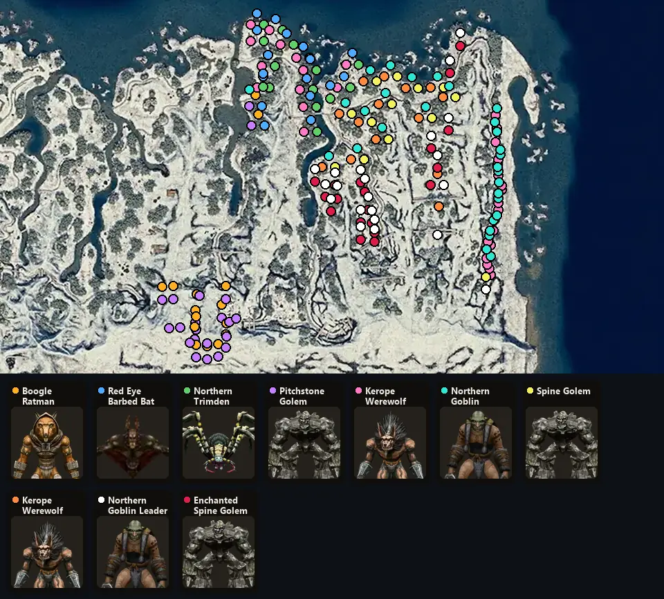 Карта: где стоят Boogle Ratman Leader, Red Eye Barbed Bat, Northern Trimden, Pitchstone Golem, Kerope Werewolf, Northern Goblin, Spine Golem, Kerope Werewolf Chief, Northern Goblin Leader, Enchanted Spine Golem