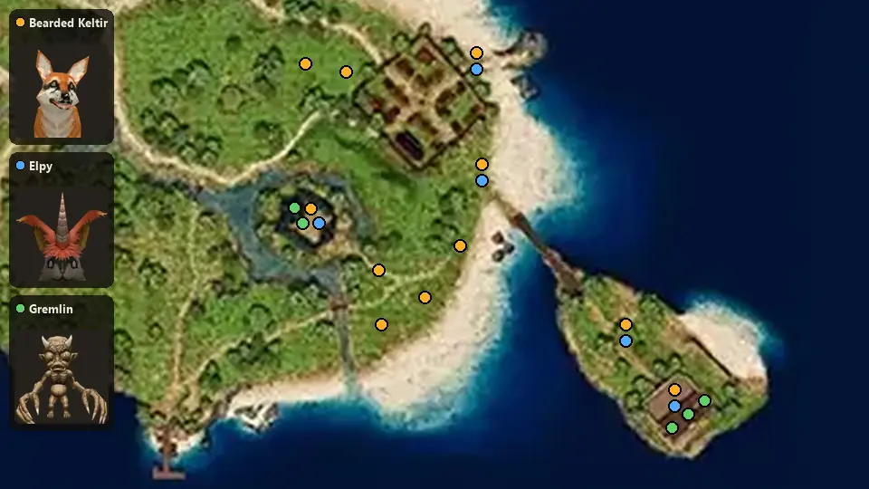 Map: where Bearded Keltir, Elpy, Gremlin spawn