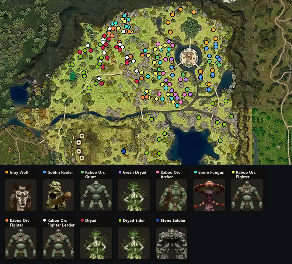 Карта: где стоят Gray Wolf, Goblin Raider, Kaboo Orc Grunt, Green Dryad, Kaboo Orc Archer, Spore Fungus, Kaboo Orc Fighter, Kaboo Orc Fighter Lieutenant, Kaboo Orc Fighter Leader, Dryad, Dryad Elder, Stone Soldier