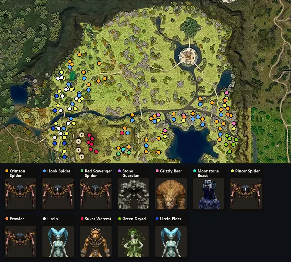 Карта: где стоят Crimson Spider, Hook Spider, Red Scavenger Spider, Stone Guardian, Grizzly Bear, Moonstone Beast, Pincer Spider, Prowler, Lirein, Sukar Wererat, Green Dryad, Lirein Elder
