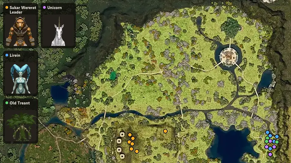 Карта: где стоят Sukar Wererat Leader, Lirein, Old Treant, Unicorn