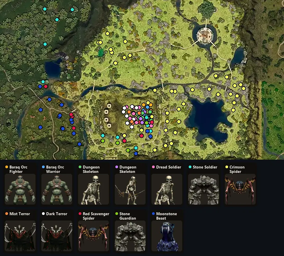 Map: where Baraq Orc Fighter, Baraq Orc Warrior Leader, Dungeon Skeleton, Dungeon Skeleton Archer, Dread Soldier, Stone Soldier, Crimson Spider, Mist Terror, Dark Terror, Red Scavenger Spider, Stone Guardian, Moonstone Beast spawn