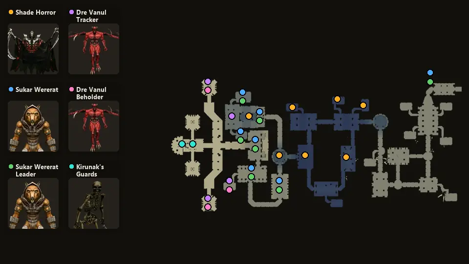 Map: where Shade Horror, Sukar Wererat, Sukar Wererat Leader, Dre Vanul Tracker, Dre Vanul Beholder, Kirunak's Guards spawn