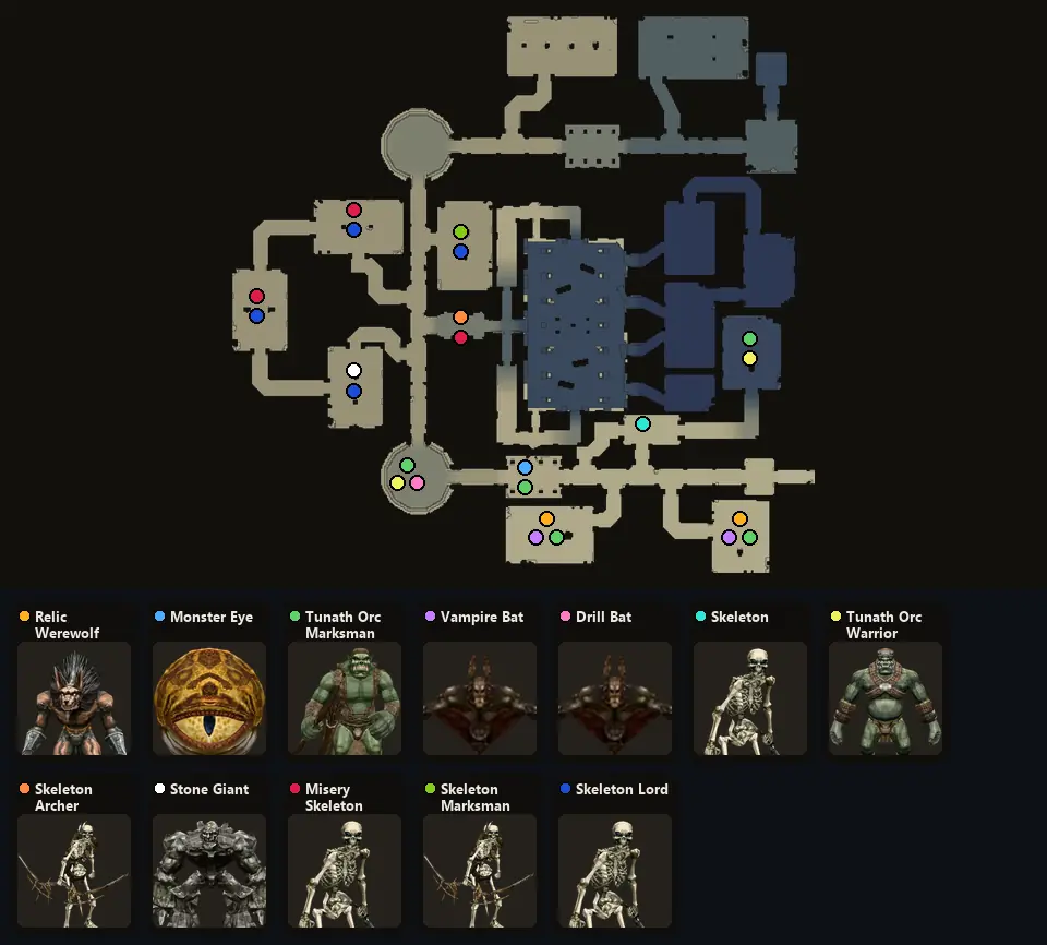 Карта: где стоят Relic Werewolf, Monster Eye, Tunath Orc Marksman, Vampire Bat, Drill Bat, Skeleton, Tunath Orc Warrior, Skeleton Archer, Stone Giant, Misery Skeleton, Skeleton Marksman, Skeleton Lord