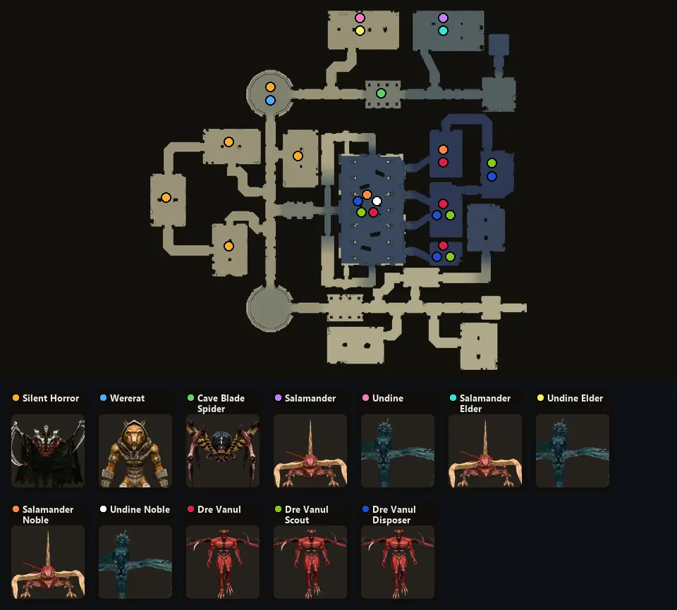 Карта: где стоят Silent Horror, Wererat, Cave Blade Spider, Salamander, Undine, Salamander Elder, Undine Elder, Salamander Noble, Undine Noble, Dre Vanul, Dre Vanul Scout, Dre Vanul Disposer