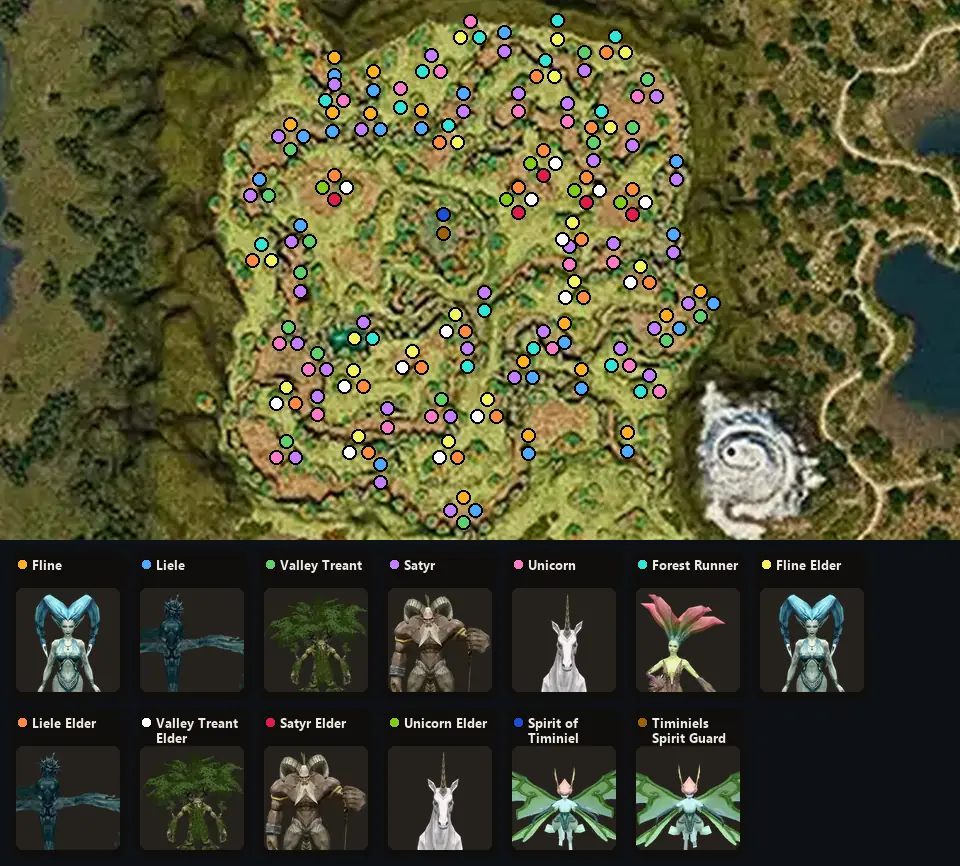 Карта: где стоят Fline, Liele, Valley Treant, Satyr, Unicorn, Forest Runner, Fline Elder, Liele Elder, Valley Treant Elder, Satyr Elder, Unicorn Elder, Spirit of Timiniel, Timiniels Spirit Guard