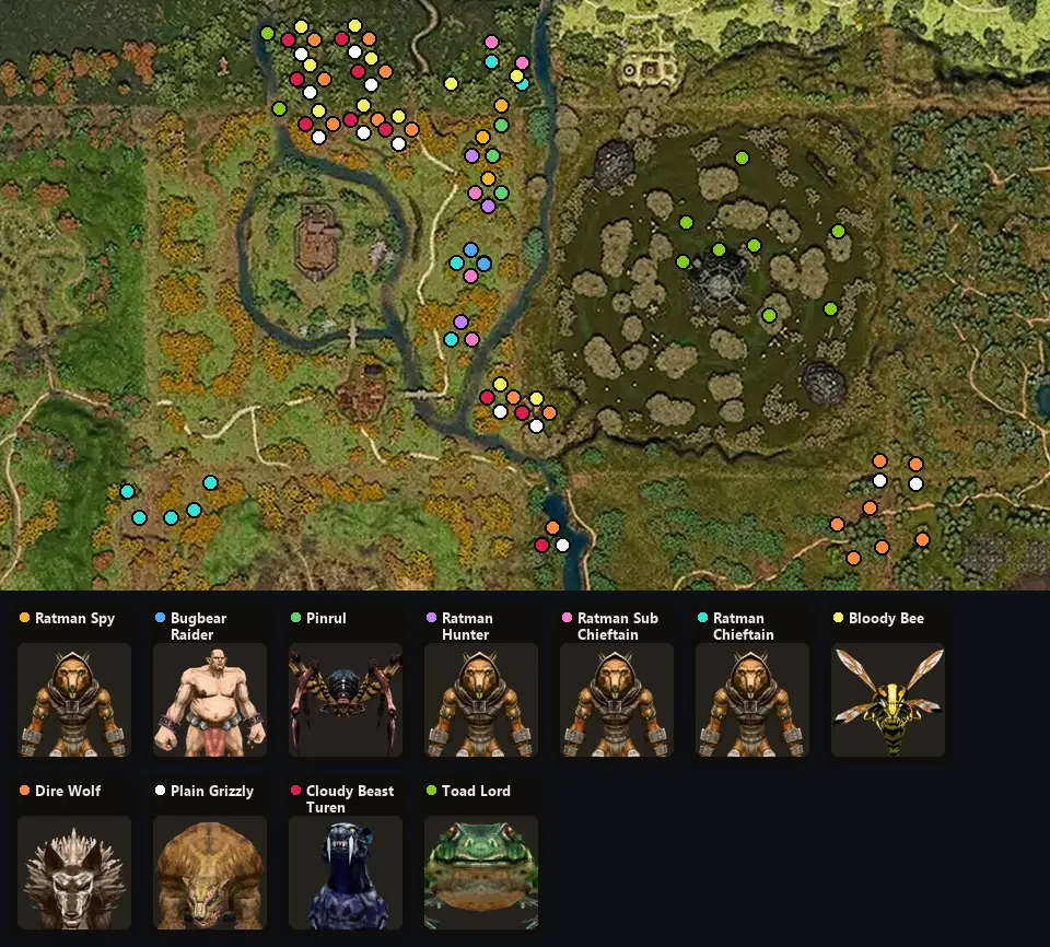 Map: where Ratman Spy, Bugbear Raider, Pinrul, Ratman Hunter, Ratman Sub Chieftain, Ratman Chieftain, Bloody Bee, Dire Wolf, Plain Grizzly, Cloudy Beast Turen, Toad Lord spawn