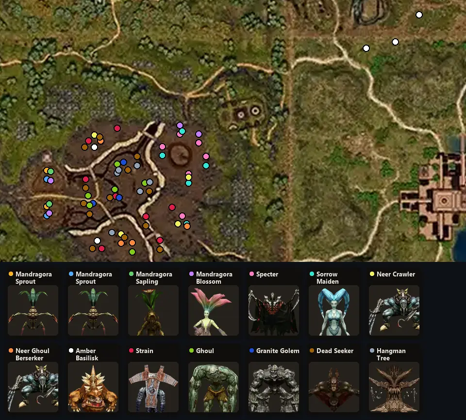 Map: where Mandragora Sprout, Mandragora Sprout, Mandragora Sapling, Mandragora Blossom, Specter, Sorrow Maiden, Neer Crawler, Neer Ghoul Berserker, Amber Basilisk, Strain, Ghoul, Granite Golem, Dead Seeker, Hangman Tree spawn