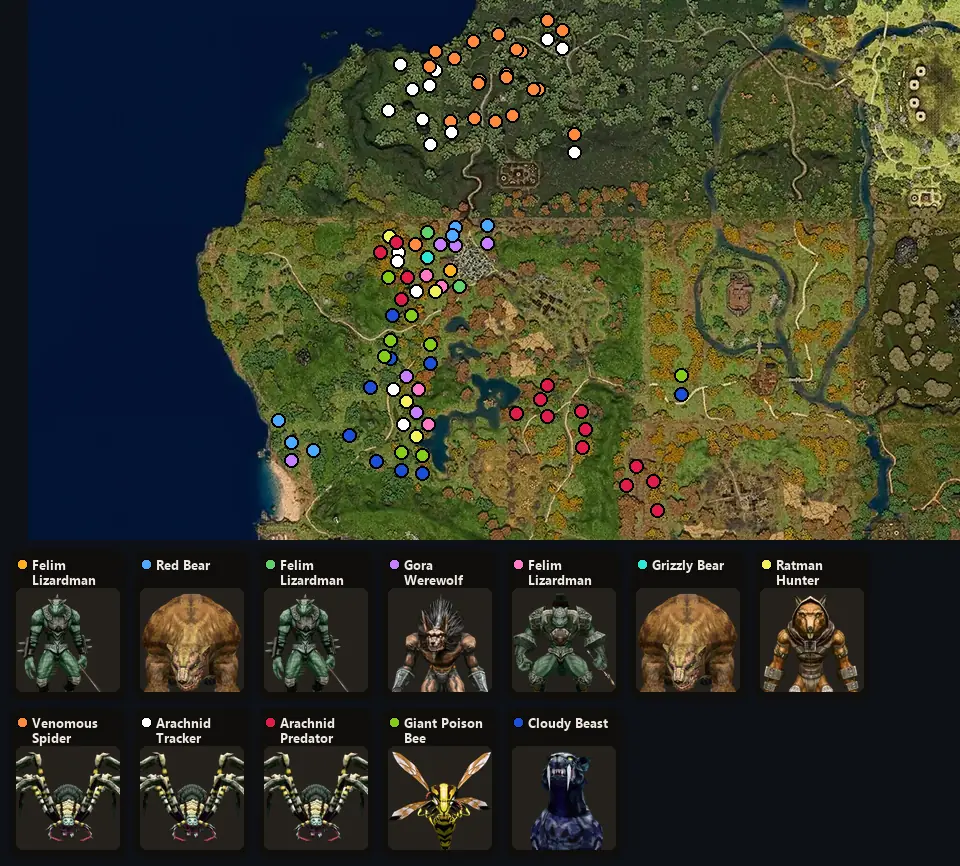 Карта: где стоят Felim Lizardman, Red Bear, Felim Lizardman Scout, Gora Werewolf, Felim Lizardman Warrior, Grizzly Bear, Ratman Hunter, Venomous Spider, Arachnid Tracker, Arachnid Predator, Giant Poison Bee, Cloudy Beast