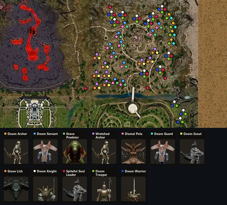 Карта: где стоят Doom Archer, Doom Servant, Grave Predator, Wretched Archer, Dismal Pole, Doom Guard, Doom Scout, Grave Lich, Doom Knight, Spiteful Soul Leader, Doom Trooper, Doom Warrior