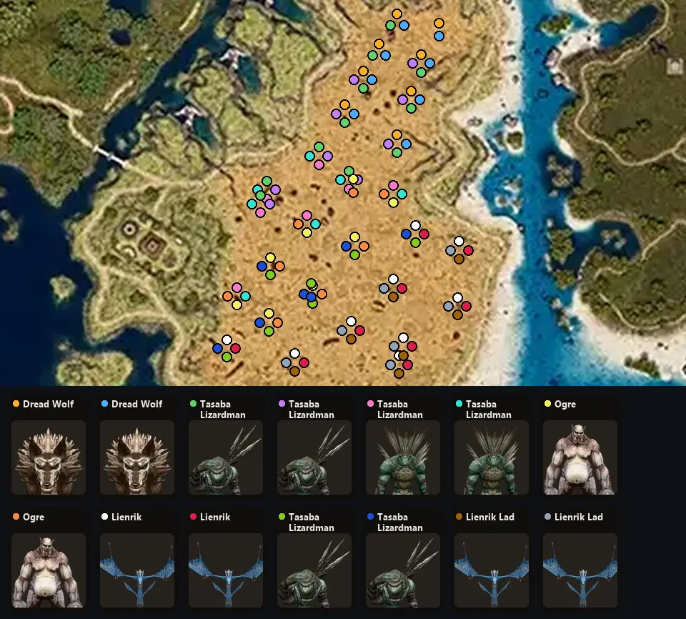 Карта: где стоят Dread Wolf, Dread Wolf, Tasaba Lizardman, Tasaba Lizardman, Tasaba Lizardman Shaman, Tasaba Lizardman Shaman, Ogre, Ogre, Lienrik, Lienrik, Tasaba Lizardman Sniper, Tasaba Lizardman Sniper, Lienrik Lad, Lienrik Lad