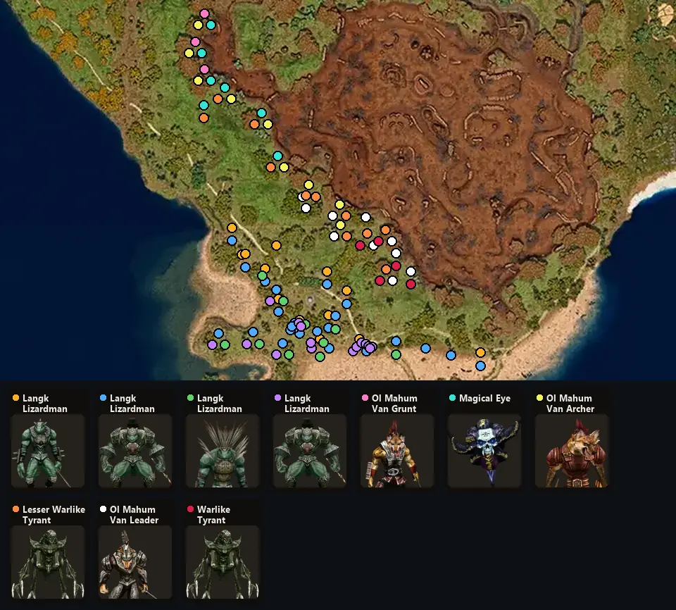 Map: where Langk Lizardman Sentinel, Langk Lizardman Lieutenant, Langk Lizardman Shaman, Langk Lizardman Leader, Ol Mahum Van Grunt, Magical Eye, Ol Mahum Van Archer, Lesser Warlike Tyrant, Ol Mahum Van Leader, Warlike Tyrant spawn