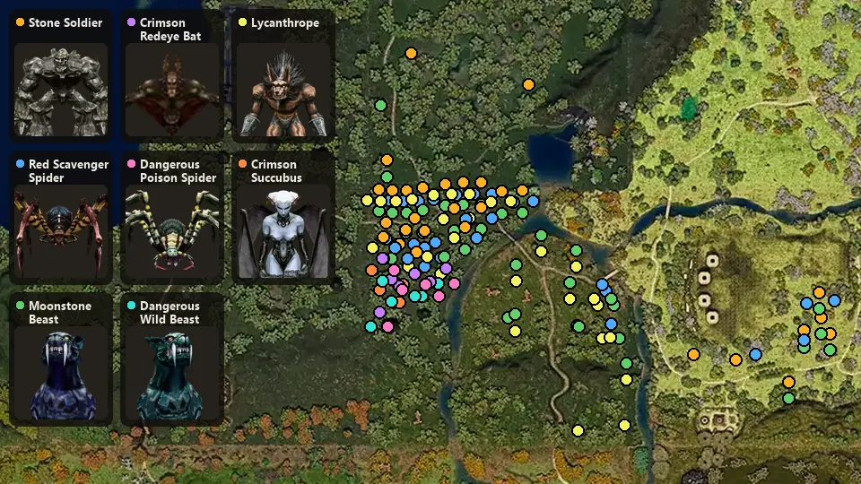 Map: where Stone Soldier, Red Scavenger Spider, Moonstone Beast, Crimson Redeye Bat, Dangerous Poison Spider, Dangerous Wild Beast, Lycanthrope, Crimson Succubus spawn