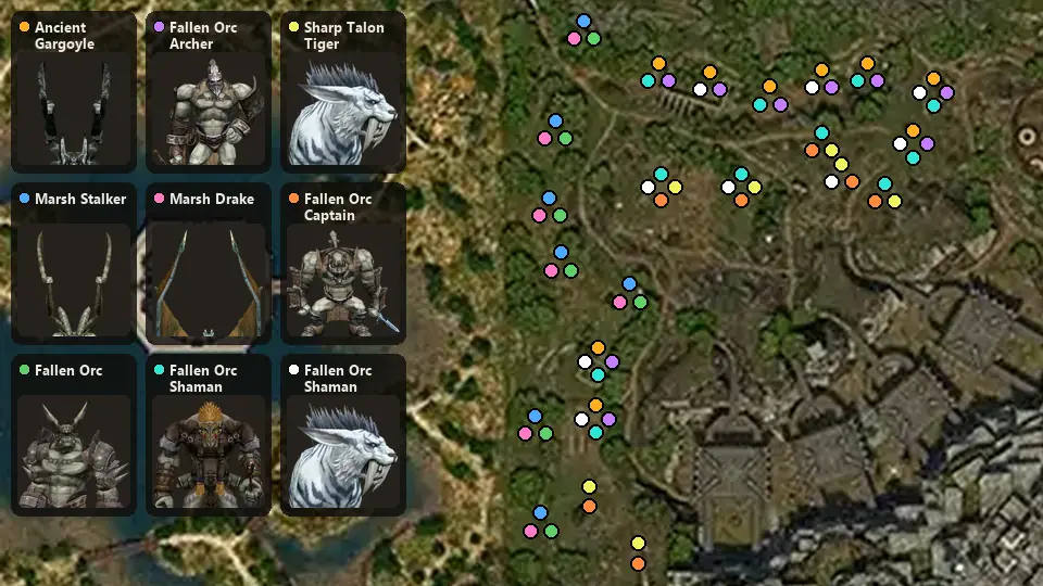 Map: where Ancient Gargoyle, Marsh Stalker, Fallen Orc, Fallen Orc Archer, Marsh Drake, Fallen Orc Shaman, Sharp Talon Tiger, Fallen Orc Captain, Fallen Orc Shaman spawn