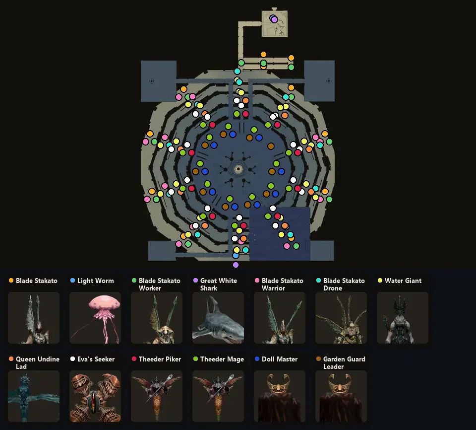 Map: where Blade Stakato, Light Worm, Blade Stakato Worker, Great White Shark, Blade Stakato Warrior, Blade Stakato Drone, Water Giant, Queen Undine Lad, Eva's Seeker, Theeder Piker, Theeder Mage, Doll Master, Garden Guard Leader spawn