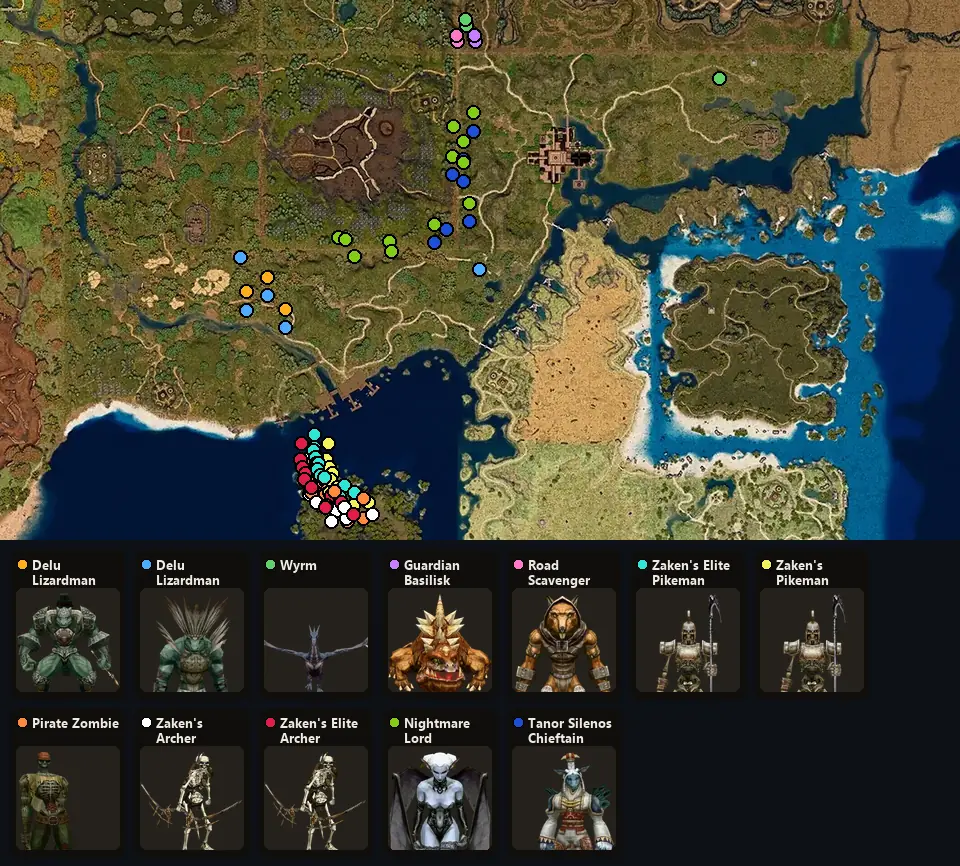 Карта: где стоят Delu Lizardman Commander, Delu Lizardman Shaman, Wyrm, Guardian Basilisk, Road Scavenger, Zaken's Elite Pikeman, Zaken's Pikeman, Pirate Zombie, Zaken's Archer, Zaken's Elite Archer, Nightmare Lord, Tanor Silenos Chieftain