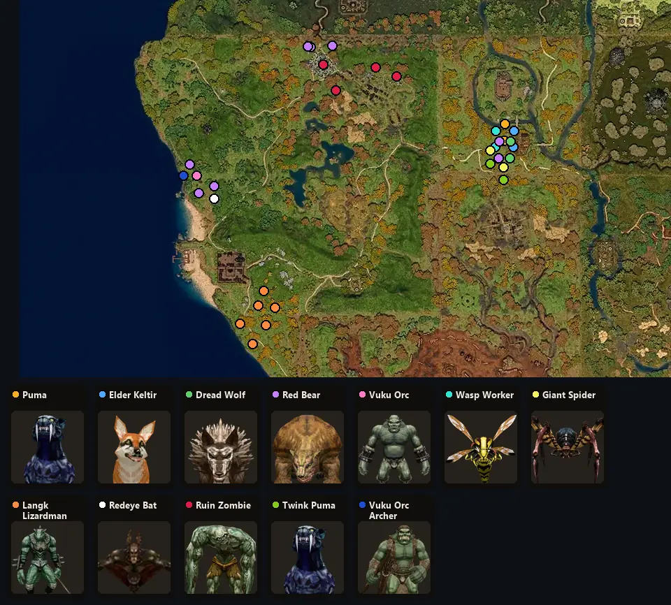 Map: where Puma, Elder Keltir, Dread Wolf, Red Bear, Vuku Orc, Wasp Worker, Giant Spider, Langk Lizardman, Redeye Bat, Ruin Zombie, Twink Puma, Vuku Orc Archer spawn