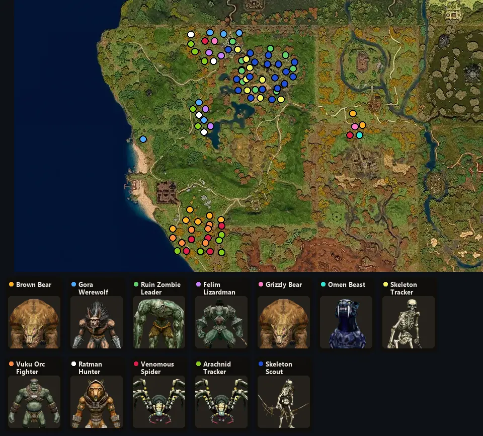 Map: where Brown Bear, Gora Werewolf, Ruin Zombie Leader, Felim Lizardman Warrior, Grizzly Bear, Omen Beast, Skeleton Tracker, Vuku Orc Fighter, Ratman Hunter, Venomous Spider, Arachnid Tracker, Skeleton Scout spawn