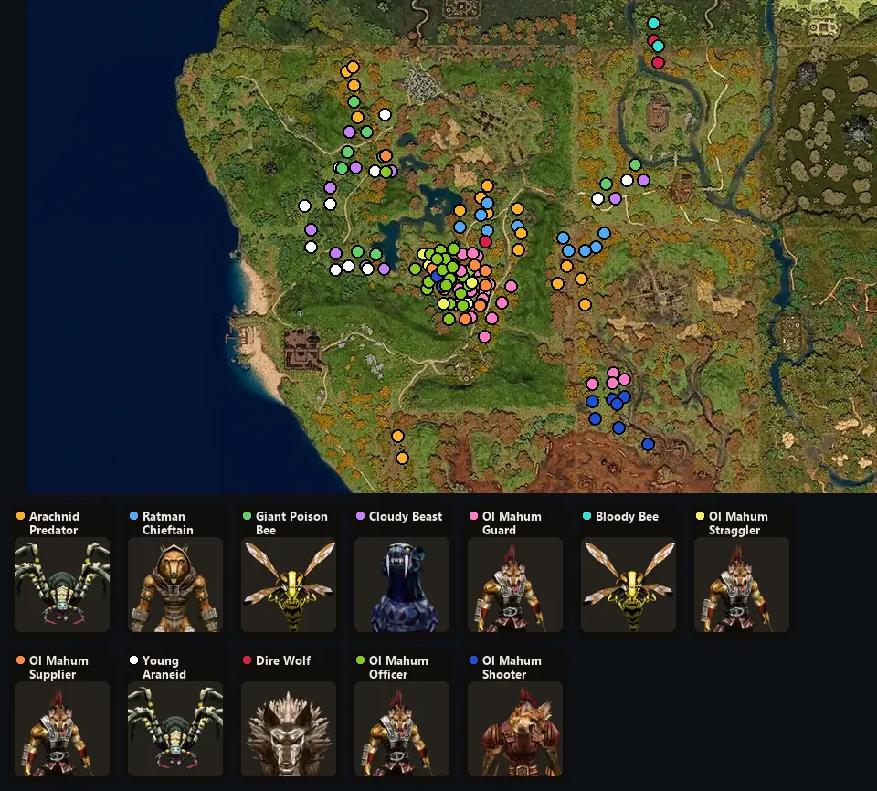 Map: where Arachnid Predator, Ratman Chieftain, Giant Poison Bee, Cloudy Beast, Ol Mahum Guard, Bloody Bee, Ol Mahum Straggler, Ol Mahum Supplier, Young Araneid, Dire Wolf, Ol Mahum Officer, Ol Mahum Shooter spawn
