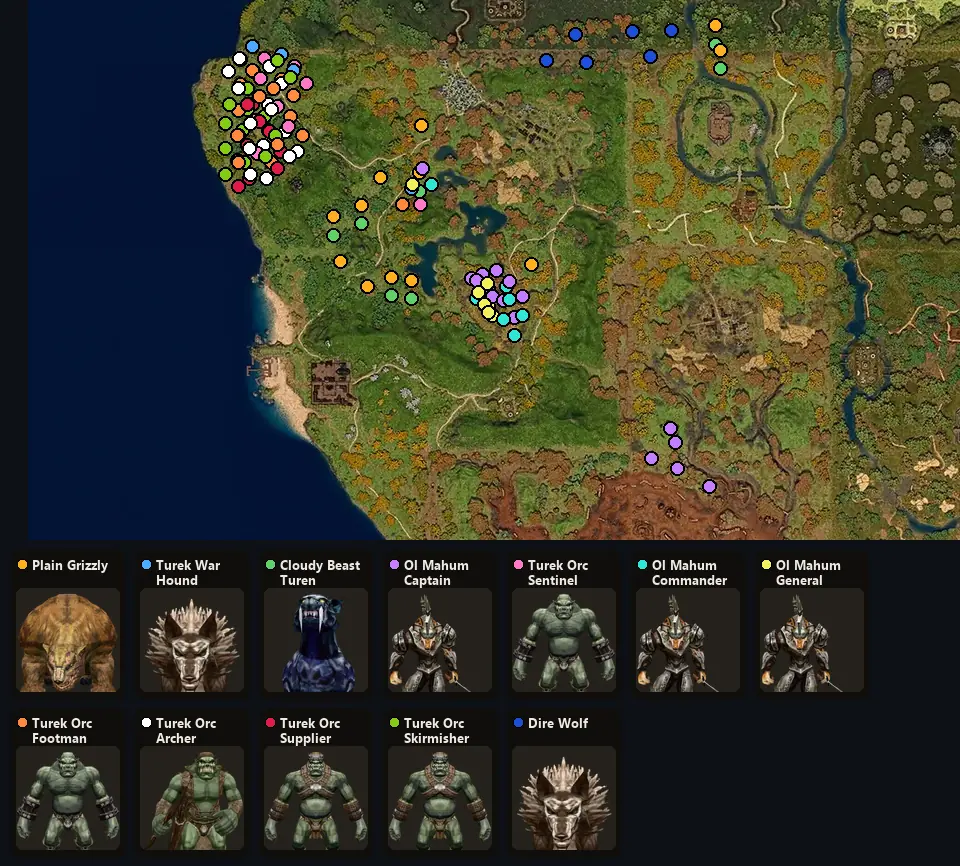 Map: where Plain Grizzly, Turek War Hound, Cloudy Beast Turen, Ol Mahum Captain, Turek Orc Sentinel, Ol Mahum Commander, Ol Mahum General, Turek Orc Footman, Turek Orc Archer, Turek Orc Supplier, Turek Orc Skirmisher, Dire Wolf spawn