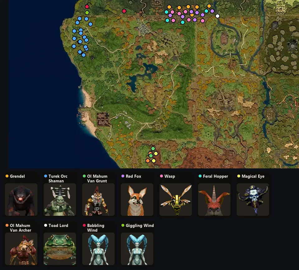 Map: where Grendel, Turek Orc Shaman, Ol Mahum Van Grunt, Red Fox, Wasp, Feral Hopper, Magical Eye, Ol Mahum Van Archer, Toad Lord, Babbling Wind, Giggling Wind spawn